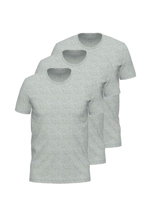 Drei kurzärmelige T-Shirts aus hellgrauem Stoff mit einer strukturierten Optik, ausgestattet mit runden Ausschnitten und ohne sichtbare Logos oder Muster.