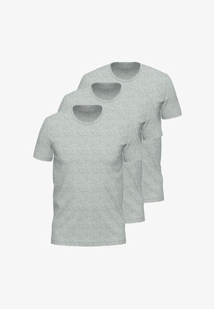 Trois t-shirts à manches courtes en tissu gris clair avec une texture apparente, présentant des cols ronds et sans logos ni motifs visibles.