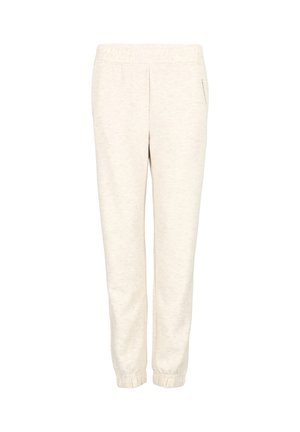 Light beige, stretchable jogger pants with a textured finish, elastic waistband, and cuffs. Features side pockets and a relaxed fit.