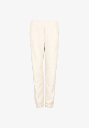 Helle beige, dehnbare Joggerhosen mit strukturierter Oberfläche, elastischem Bund und Bündchen. Verfügt über seitliche Taschen und einen entspannten Schnitt.