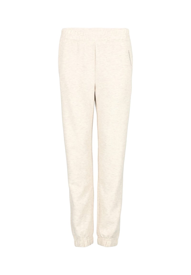 Helle beige, dehnbare Joggerhosen mit strukturierter Oberfläche, elastischem Bund und Bündchen. Verfügt über seitliche Taschen und einen entspannten Schnitt.