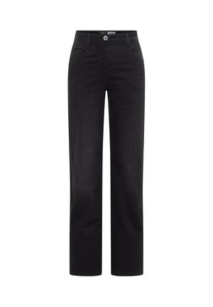 Black denim pants with a straight leg design, featuring front pockets and a front-button closure. Smooth texture, classic styling.
