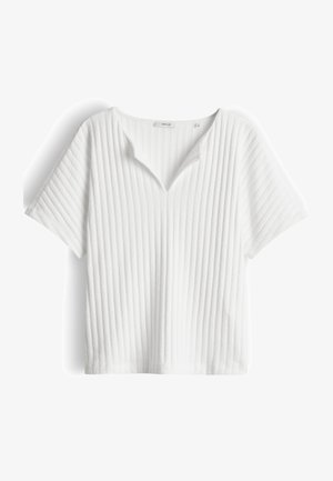 Weißes kurzärmeliges geripptes Strickoberteil mit V-förmigem Ausschnitt, flach auf weißem Hintergrund dargestellt.