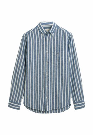 Blauw-wit gestreept overhemd met lange mouwen, knoopsluiting, een borstzak en een gebogen zoom. Gemaakt van lichtgewicht stof.