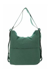 Sac d'épaule synthétique vert avec une surface douce et texturée, une sangle unique ajustable, et une poche avant zippée pour un rangement supplémentaire.