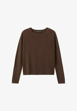 Brauner Pullover mit Rundhalsausschnitt und langen Ärmeln, schlichtes, einfarbiges Design mit geripptem Kragen, Bündchen und Saum.
