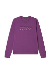 Felpa viola in misto cotone, con maniche lunghe, collo rotondo e testo "FREDDY MOOD UP" in lettere argentate lucide.