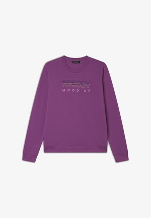 Sweatshirt violet en mélange de coton, avec des manches longues, un col rond et le texte "FREDDY MOOD UP" en lettres argentées brillantes.