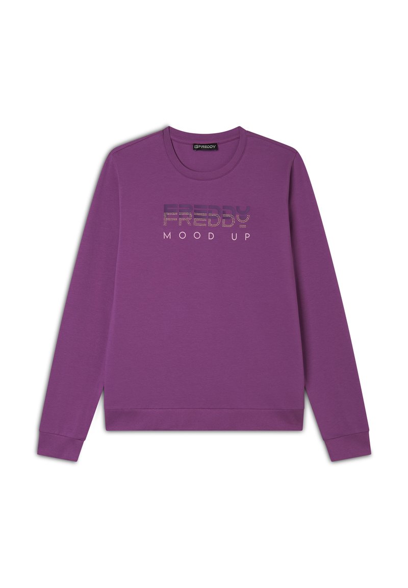 Felpa viola in misto cotone, con maniche lunghe, collo rotondo e testo "FREDDY MOOD UP" in lettere argentate lucide.