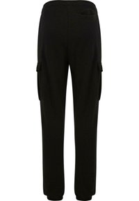 Black cargo trousers featuring a comfortable elastic waistband, two side pockets, and a single back pocket for utility.