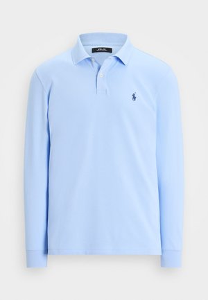Light blue long-sleeve polo shirt with a two-button placket and a small dark blue embroidered logo on the chest.