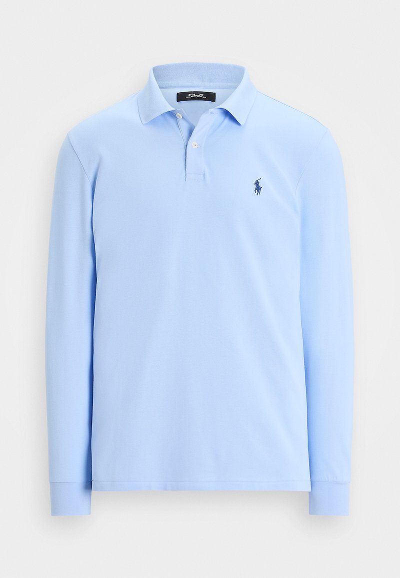 Hele sinine pika varrukaga polo särk, millel on kahe nupuga laat ja rinnal väike tumedasinine tikandiga logo.