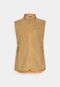 Lys beige fleecevest med høy krage, full glidelås foran og to sidelommer. Den har en glatt innerside og en buet nederkant.