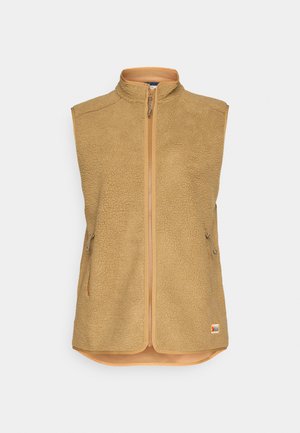 Lys beige fleecevest med høy krage, full glidelås foran og to sidelommer. Den har en glatt innerside og en buet nederkant.