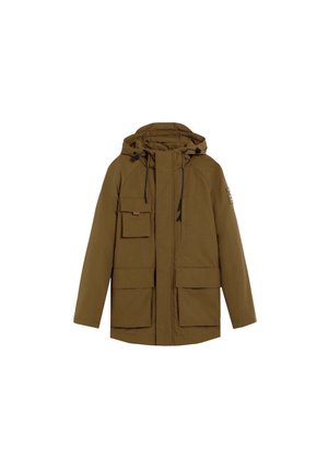 Parka marrón con capucha que presenta un cierre frontal con cremallera, múltiples bolsillos frontales, cordones ajustables y una tela texturizada.