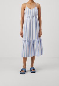 Randig klänning i ljusblått och vitt, med V-ringning, spagettistroppar, gathered midja och volangkant. Kombinerad med blå sandaler.