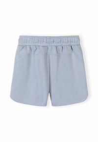 Shorts de sport bleu clair avec ceinture élastique et ourlet arrondi, vus de dos sur fond blanc.