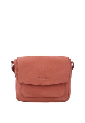 Kleine rechteckige Umhängetasche aus rostfarbenem Wildleder mit Frontklappe und verstellbarem Riemen, Markenlogo in der Mitte der Klappe geprägt.