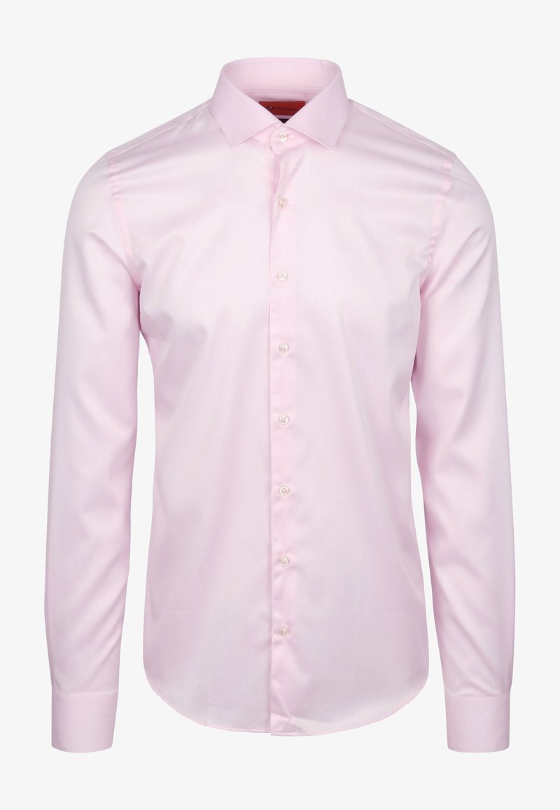 Lichtroze overhemd met lange mouwen, gemaakt van zachte stof, met een klassieke kraag en een knoopsluiting aan de voorkant met witte knopen.
