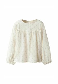 Blusa a maniche lunghe in tessuto crema, con un delicato motivo floreale, vita arricciata e chiusura a chiave sul retro.