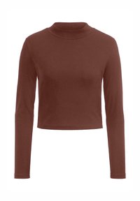 Bruine, langärmelige, cropped turtleneck top gemaakt van soepele stof. Heeft een aansluitend ontwerp met een eenvoudige, strakke silhouet.