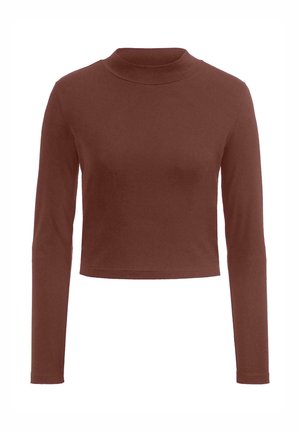 Brauner, langärmeliger, kurzer Rollkragenpullover aus glattem Stoff. Hat ein tailliertes Design mit einer einfachen, klaren Silhouette.