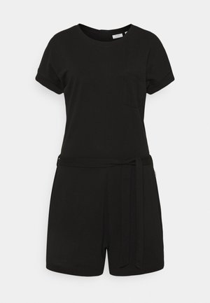 Schwarzer Jumpsuit mit kurzen Ärmeln, rundem Ausschnitt, Tasche auf der linken Brust, Bindegürtel in der Taille und legerer Passform. Glatte Stoffstruktur.