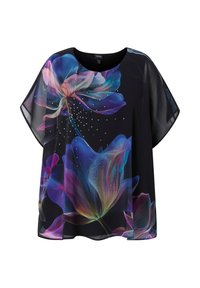 Schwarzes, durchscheinendes Oberteil mit buntem floralen Muster in Blau-, Pink- und Lilatönen sowie subtilen funkelnden Akzenten auf dem Stoff. Locker sitzende, fließende Passform.
