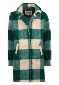 Cappotto a quadri verde e crema realizzato in un morbido tessuto testurizzato. Presenta un colletto, due tasche laterali e una chiusura frontale con bottoni.