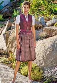 Traditional dress featuring a fitted bodice with a polka dot pattern, a pleated skirt with floral stripes, and silver accents.