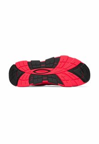 Shoe outsole featuring a black and bright red color scheme, textured rubber with grooves and patterns for traction.
