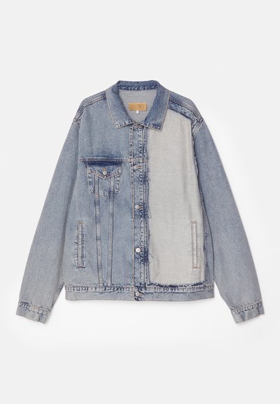 Light blue denim jacket featuring a mix of shades, classic collar, front pockets, and long sleeves with a slightly distressed texture.