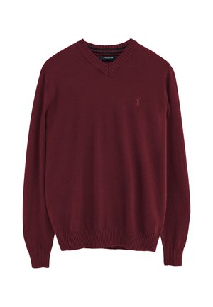 Jersey burdeos de manga larga con cuello en V, puños y bajo de canalé, con un pequeño logo bordado en el pecho.