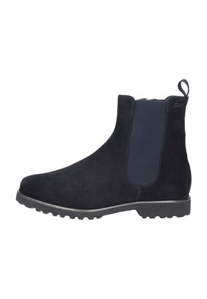Black suede Chelsea boot with elastic side panel, pull tab at the back, and ridged sole for grip.
