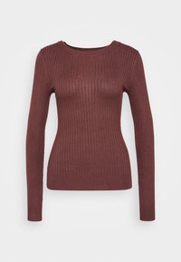 Prążkowany sweter z długim rękawem w głębokim burgundowym kolorze. Posiada okrągły dekolt i dopasowany krój z teksturowanej tkaniny.