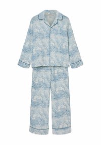 Sininen kuviollinen yöasu, joka sisältää pitkähihaisen paidan, jossa on kauluksen viilto, ja yhteensopivat housut. Molemmissa on kontrastiväriä ja pehmeä tekstuuri.