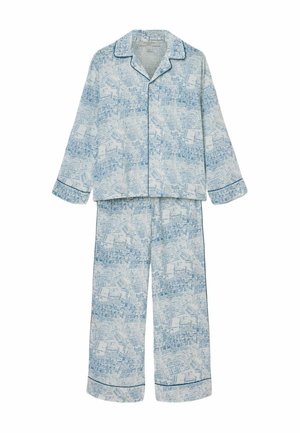 Niebieski kompletny pidżama w wzory, składający się z koszuli z długim rękawem z kołnierzykiem oraz pasujących spodni, obie z kontrastowymi wykończeniami i miękką teksturą.