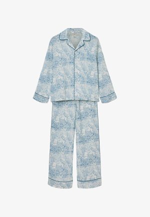 Blå mønstrede pyjamas sæt med en langærmet skjorte med klapkrave og matchende bukser, begge med kontrasterende kant og en blød tekstur.