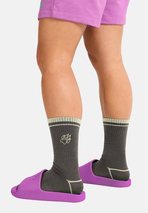 Beine mit grauen Socken mit weißem Pfotenabdruck und lila offenen Sandalen, kombiniert mit lila Shorts vor weißem Hintergrund.