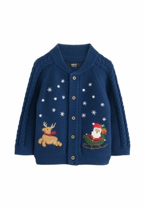 Navy knitted cardigan with cable-knit details, featuring embroidered Santa, reindeer, and snowflakes. Five wooden buttons at the front.