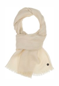 Cream scarf made of soft, lightweight fabric. Features a fringed edge and a small circular logo in the bottom corner.