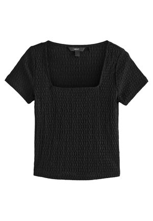 Zwarte top met korte mouwen, vierkante halslijn en textiel met een subtiel kreukpatroon. Lichtjes losse pasvorm, casual ontwerp.