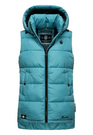 Gilet en teal rembourré avec capuche amovible, fermeture éclair noire, deux poches latérales avec fermetures à snap, et détail de logo. Tissu lisse et texturé.