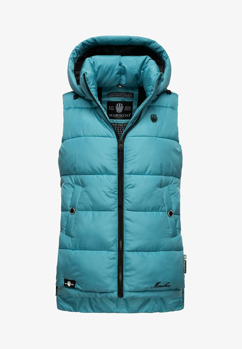 Padded teal brezha s snemljivo kapuco, črn zadrgo, dva stranska žepa z zaklepanjem na gumb in podrobnostjo logotipa. Gladka, strukturirana tkanina.