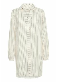 Camicia a maniche lunghe realizzata in tessuto leggero, con scollatura a V, chiusura con bottoni e strisce verticali crema e blu navy. Polsini elasticizzati.