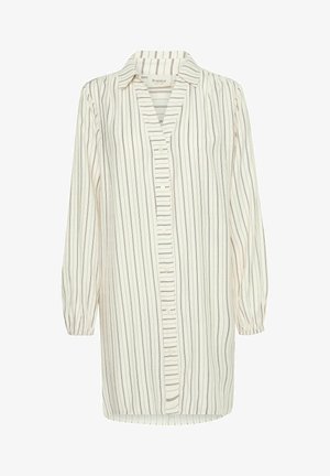 Lange mouwen blouse van lichtgewicht stof, met een splitnek, knoopsluiting en verticale crème en marine strepen. Elastische manchetten.