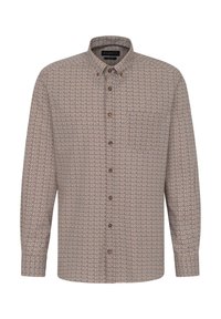 Long-sleeve button-up shirt with a brown, blue, and cream geometric pattern. Features a button-down collar and brown buttons on the front placket.