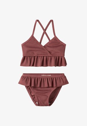 Maillot de bain deux pièces mauve à côtes avec bretelles croisées, bordure à volants sur le haut et le bas, conçu pour les enfants.