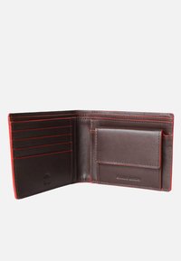 Brown leather wallet with red stitching, featuring multiple card slots, a bill compartment, and a separate ID window.