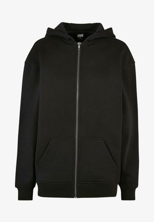 Sweatshirt à capuche noir avec fermeture éclair, fabriqué en tissu doux. Dispose de poches avant, de poignets côtelés et d'une coupe décontractée.